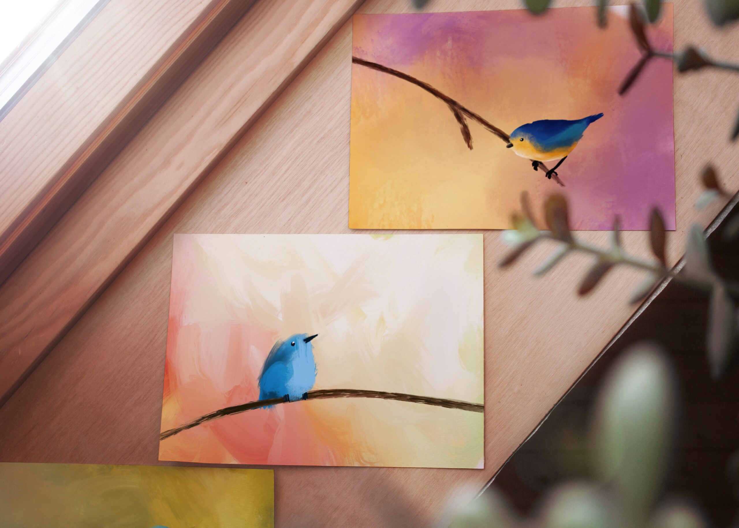 Bird cards on a windowsill